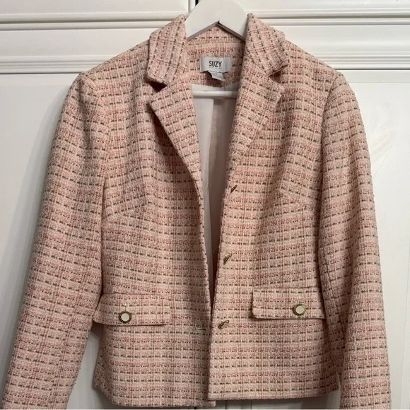 Suzy Shier Size Small Pink Tweed Single Breasted Blazer 3 Buttons Two Pockets - Picture 3 of 8